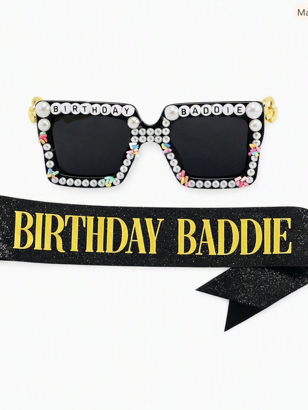 Birthday Baddie Set | Pearl Rhinestone Sunglasses & Gold Sash | Party Photo Prop